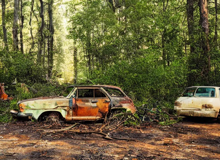 Image similar to an overgrown street corner, derelict vehicles taken by the vegetation, a camp fire sits in the forest ground with trees framing the shot,