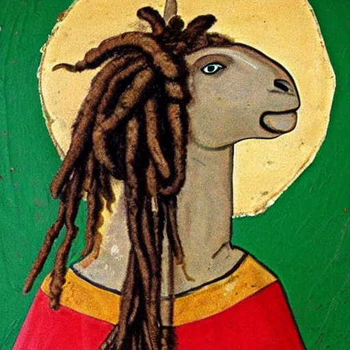 Image similar to a medieval wall painting of a Rastafarian sheep with dreadlocks, trending on artstation