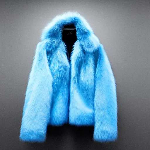 Prompt: an award - winning editorial photo of a nike jacket made of very fluffy blue faux fur : : with a reflective iridescent oversized collar, dramatic lighting, realistic, designed by alexander mcqueen