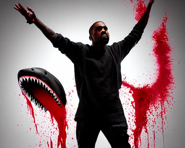 Image similar to Kanye West As A Vampire With Shark Teeth, Red Fluid Dripping From His Mouth, Full Figure, 8K, octane render, HDR, photorealistic, volumetric lighting, Hyperrealistic-H 960