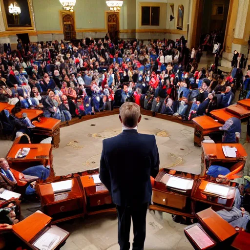 Image similar to Alastair Crowley giving a lecture in front of the United States senate, photojournalism, news, CNN, intricate detail, award winning photography,