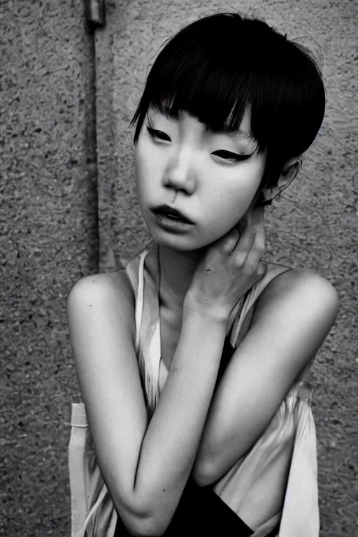 Image similar to a beautiful gorgeous Japanese edgy model girl with short hair, she's sad by Guy Bourdin, sunset, street of Hong Kong, 80mm lens, 1.2 aperture, grainy image, close up, cinematic light, very detailed, depressing atmosphere, cover magazine