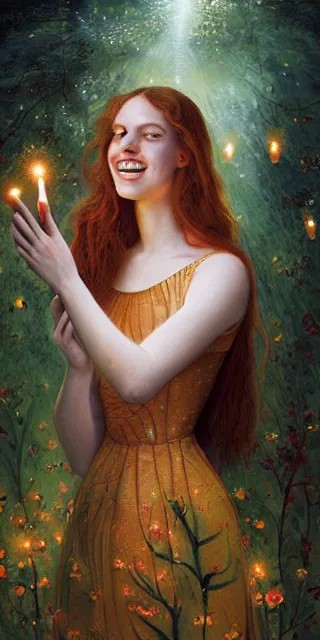 Image similar to young woman, smiling amazed, surrounded by firefly lights, full covering intricate detailed dress, amidst nature, long red hair, precise linework, accurate green eyes, small nose with freckles, smooth oval shape face, empathic, expressive emotions, dramatic lights, hyper realistic ultrafine art by artemisia gentileschi, jessica rossier, boris vallejo