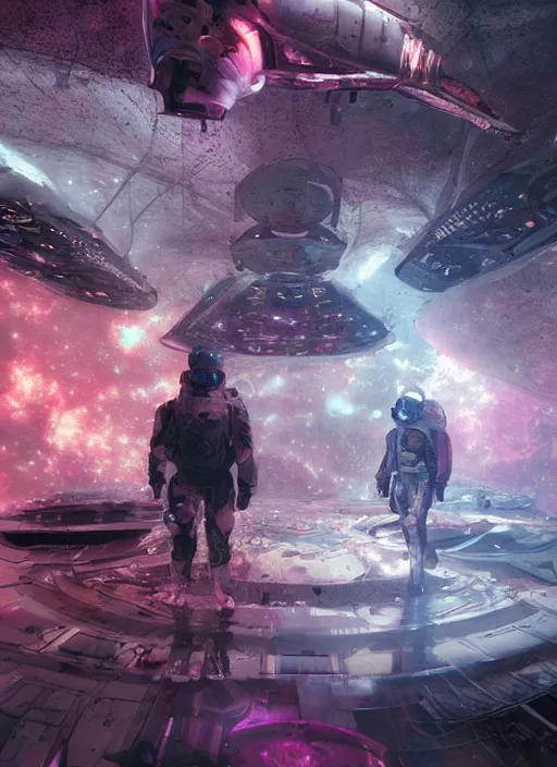 Prompt: concept art by craig mullins infrared complex and hyperdetailed technical pink astronauts floating in futuristic dark and empty spaceship underwater. reflection and dispersion materials. rays and dispersion of light. volumetric light. 5 0 mm, f / 3 2. noise film photo. flash photography. unreal engine 4, octane render. interstellar movie art