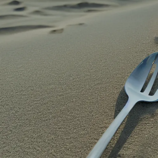 Image similar to a photorealistic fork in the sand, Movie Still, Triadic color grading.