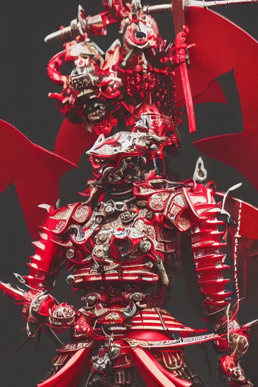 Image similar to photography of a mechanical dragon samurai in red japanese armor taken with Leica M11 , in human form, full body, ultra realistic, octan render