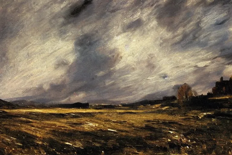 Prompt: a beautiful oil painting of a Scottish Highland winter landscape, evening light, by john constable, beautiful light, detailed, dramatic