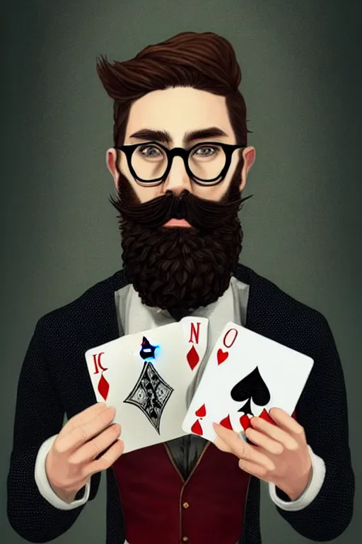 Prompt: bearded hipster looking magician holding playing cards, realistic, modern, magicians eyes are covered with cloth, intricate, elegant, highly detailed, digital painting, artstation, concept art, addiction, chains, smooth, sharp focus, illustration, art by ilja repin