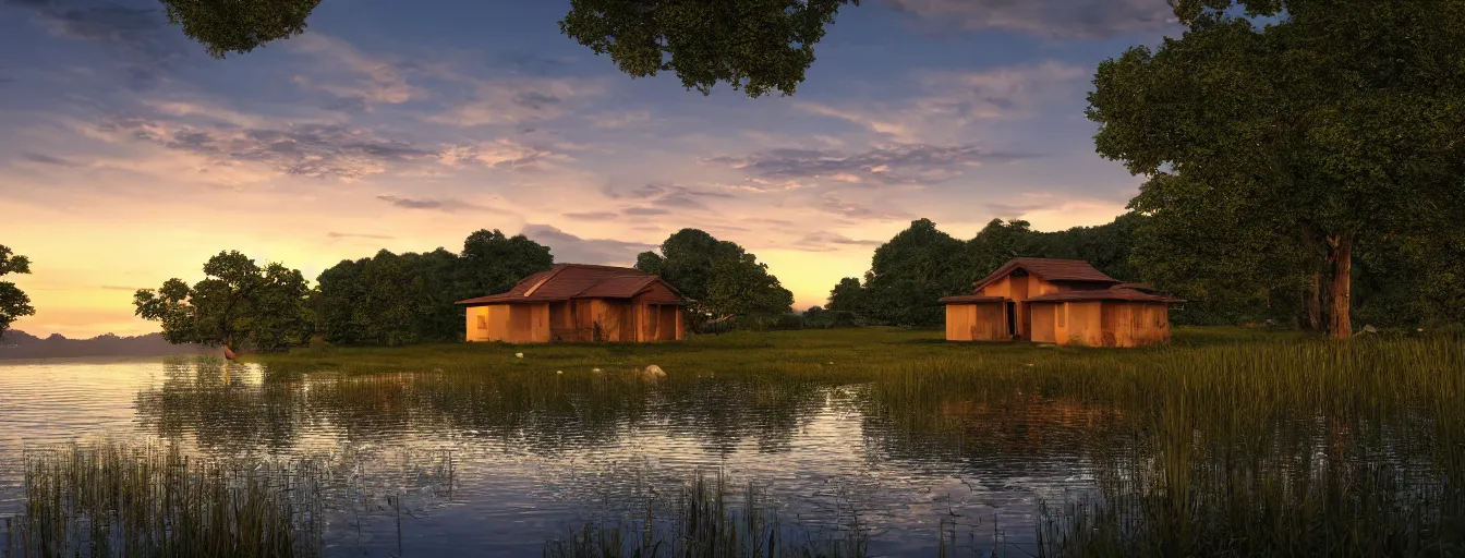 Prompt: a serene landscape with a singular building near a lake at sunset in anime style, 8k, low saturation, high quality, high detail