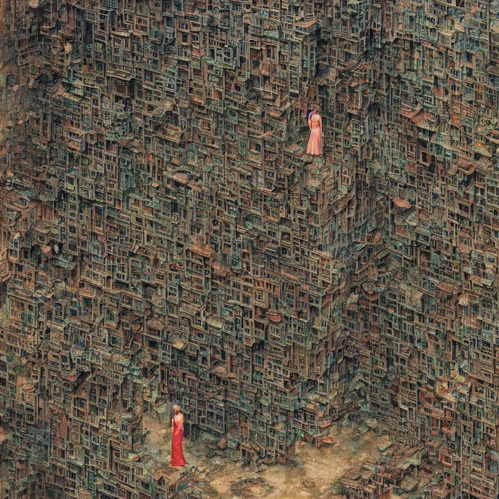 Image similar to woman in a dress shaped like the kowloon walled city by james gurney