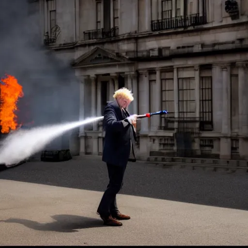 Image similar to Boris Johnson Weilding A flamethrower, firing it into a building, medium shot photo 8k ultrahd