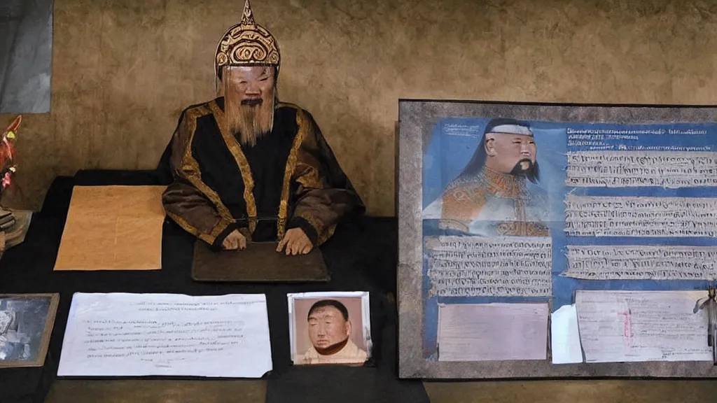 Prompt: Image-filled evidence board for the Genghis Khan is alive in the Philippines conspiracy