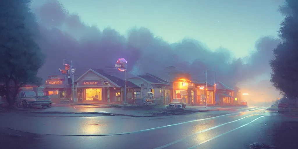 Image similar to sleepy rural town in middle america by christopher balaskas, jordan grimmer, prismatic, rococo, pearlescent, reflective, shimmering, highly detailed, masterpiece, dreamy, concept art, cinema lighting, 8 k, trending on artstation