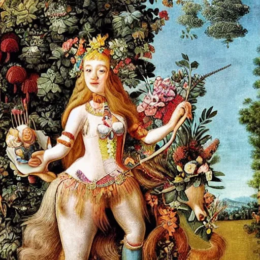 Prompt: a princess with extremely long blond hair from a cartoon riding a unicorn by arcimboldo