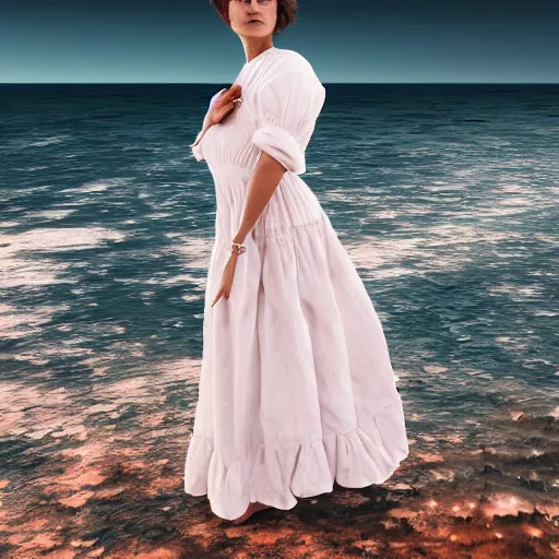 Image similar to a realistic wonderful lady dressed with a large and decorate majestic roses cotton dress that is coming out from a ocean, dramatic light, octane--8k