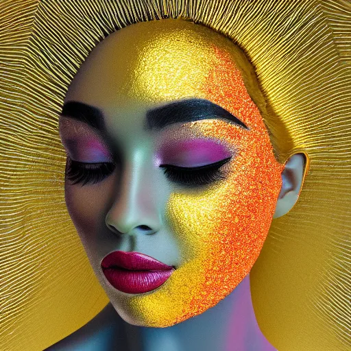 Prompt: Woman with colored face, standing in gold foil, her face in discs, she has a diamond eye, orange lips photorealism
