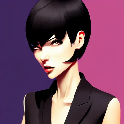 Image similar to slim cruel business girl in tuxedo with black bob hair, elegant, 2d, ultra highly detailed, digital painting, smooth, sharp focus, artstation, art by Ilya Kuvshinov