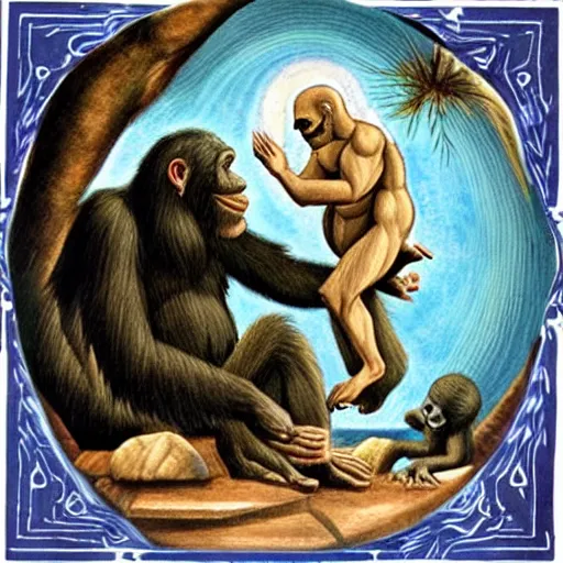 Prompt: creation of adam - where the ape comes in contact with the pepe