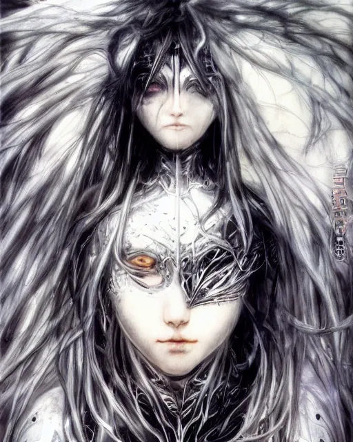 Image similar to Yoshitaka Amano realistic illustration of an anime girl with wavy white hair and cracks on her face wearing Elden ring armour with the cape fluttering in the wind, abstract black and white patterns on the background, noisy film grain effect, highly detailed, Renaissance oil painting, weird portrait angle