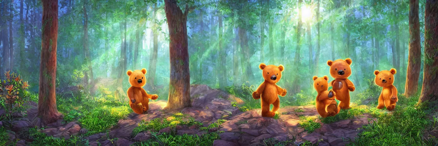 Prompt: a lodge in the middle of a magical forest with two cute humanoid bear cubs standing in front of it, light rays are shining through the leaves of the trees above, magical environment, beautiful light. trending on artstation 4 k award winning artwork of an unknown artist. vivid colors. detailed painting. kids book illustration.