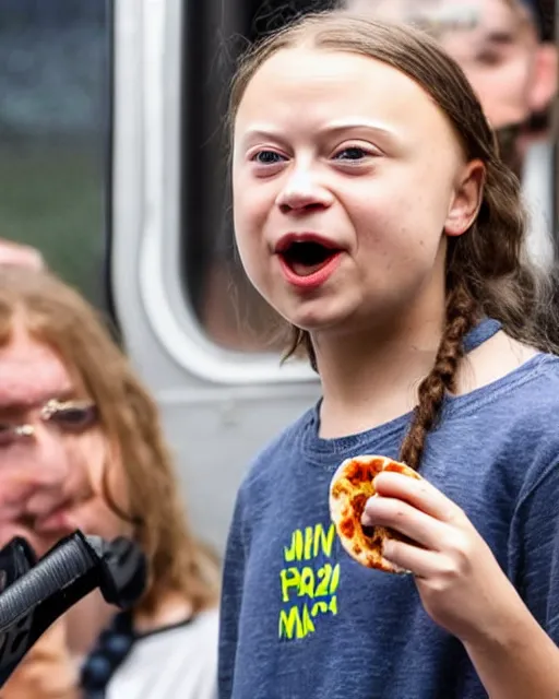 Image similar to film still close - up shot of greta thunberg with face piercings giving a speech in a crowded train station eating pizza, smiling, the sun is shining. photographic, photography