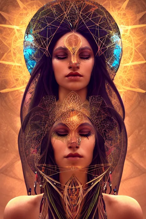 Image similar to a centered photo of a single alluring mystical tribal goddess adorned with feathers and gemstones and cables and synthesizer parts is surrounded by sacred geometry made from elven architecture, full body, gorgeous, perfect face, powerful, cinematic, beautifully lit, by artgerm, by karol bak, 3 d, trending on artstation, octane render, 8 k