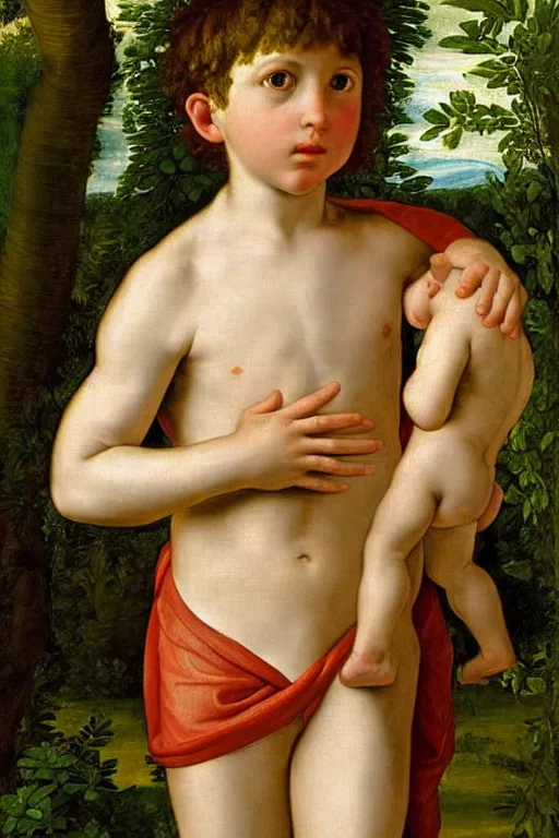 Prompt: renaissance painting of young boy in the garden, closeup, short hair, interest face, emotions closeup, dressed in roman armour, the beautiful garden with birch leaves everywhere, ultra detailed, art by Guido Reni style, Vincenzo Catena style