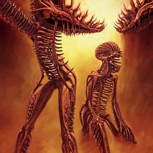 Image similar to conjoined demon twins sitting legs crossed in a desert hellscape covered in gore by Yoshitaka Amano, by HR Giger, biomechanical, 4k, hyper detailed, hyperrealism, anime, a Broken World demons flying overhead, red sky, blood and body parts, deviantart, artstation