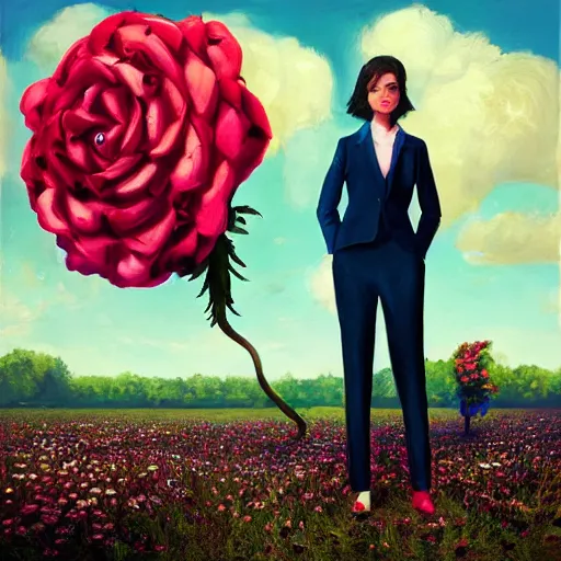 Image similar to portrait, giant rose flower head, girl in a suit, surreal photography, sunrise, blue sky, dramatic light, impressionist painting, digital painting, artstation, simon stalenhag