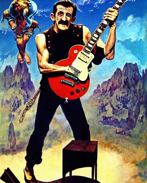 Image similar to Barry Chuckle ripping a solo on a Gibson Les Paul, heavy metal artwork by Frank Frazetta
