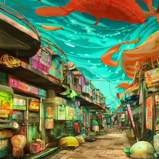 Image similar to painted anime background of undersea slums shopping district built from various sea shells and corals and falling to decay, seaweed, light diffraction, steampunk, cyberpunk, cool colors, caustics, anime, vhs distortion, hazard warning signs, sickly green color palette, barnacles, sea urchins, inspired by splatoon by nintendo, art created by miyazaki