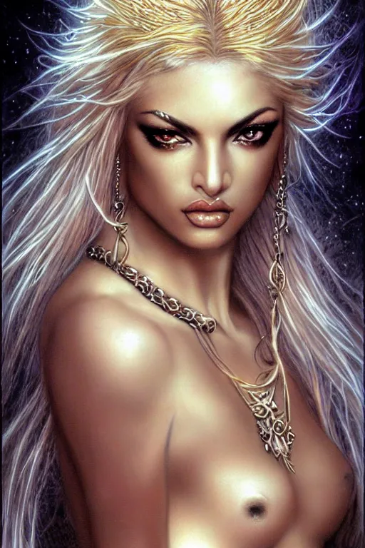 Image similar to Ayesha Nicole Smith as a beautiful blonde goddess, fantasy, portrait, sharp focus, intricate, elegant, illustration, ambient lighting, art by Luis Royo