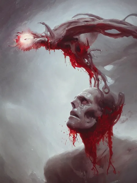 Image similar to painting by greg rutkowski of a flying sorrowful looking human head with tears running down it's eyes, face that is chalk white in color, with long sprawling white tentacles stemming down it's neck, fiery scorching red eyes, flying in a terrying hellish dark cavernous place