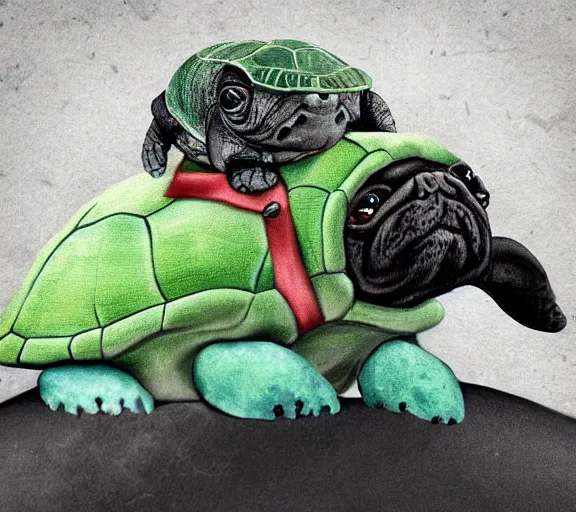 Prompt: a cute little turtle riding on the back of a pug, digital art, colourful