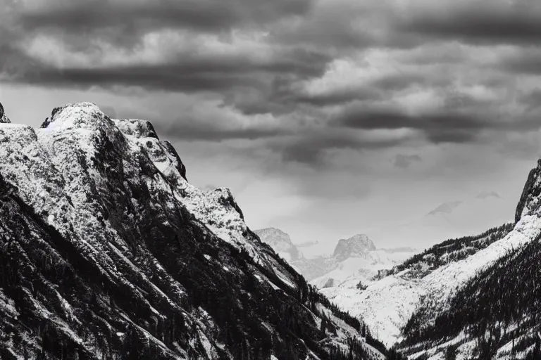 Prompt: tyrannosaurus rex large theropod dinosaur inside a valley, huge snowy peaks, in the style of ansel adams, black and white, old, master photography