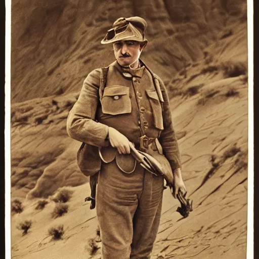 Image similar to a detailed photorealistic sepia - toned color portrait photo of a 1 9 1 7 worried clean - shaven british lieutenant in detailed field gear not wearing a hat in wadi rum, ultra realistic, painted, intricate details, lovecraft, atmospheric, dark, horror, brooding, highly detailed, by clyde caldwell