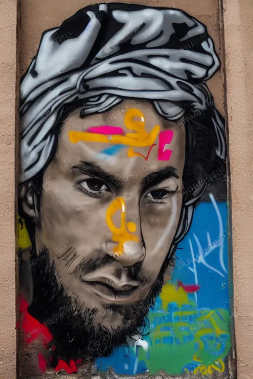 Image similar to a portrait of a male character in the style of graffiti street art