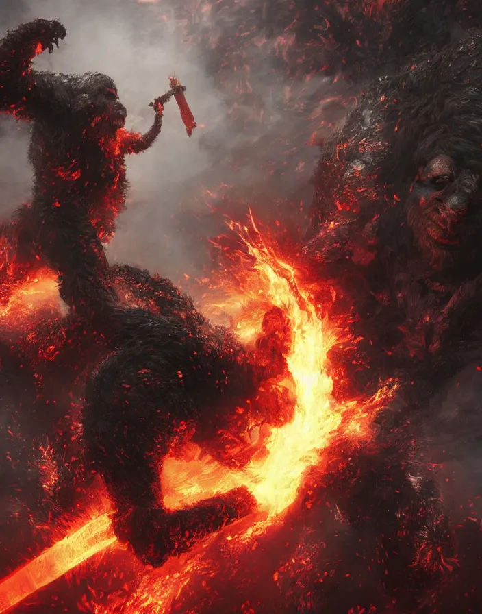 Image similar to folk horror illustration of a Gorilla warrior bursting in flames holding a Lava Sword, dark souls 3 artwork, art by greg rutkowski, art by craig mullins, art by Masanori Warugai, art by Yoshitaka Amano