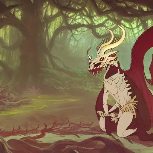 Image similar to concept art painting of an anthropomorphic dragon king with robes, a long dragon neck, and horned skull mask, in a deep forest, cel shaded, in the style of makoto shinkai and james gurney and studio ghibli and moebius