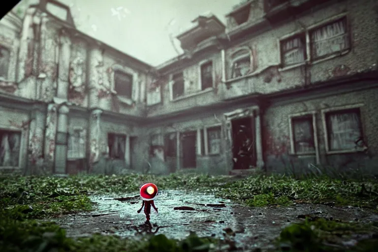 Image similar to Broken ugly toy doll with glowing eyes lying on old courtyard with puddles and an old playground between two soviet five-storey overgrown with ivy panel houses, high details, cinematic, Silent Hill, 8k resolution, beautiful detailed, insanely intricate details, artstation trending, rule of third, octane render, unreal engine