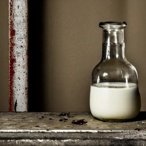 Image similar to bottle of milk, over a rusted metal table inside a jail cell in a slaughterhouse