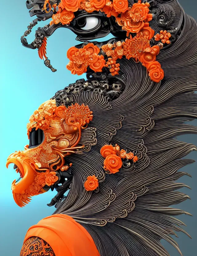 Image similar to 3 d goddess close - up profile portrait biomechanics with ram skull. beautiful intricately detailed japanese crow kitsune mask and clasical japanese kimono. betta fish, jellyfish phoenix, bio luminescent, plasma, ice, water, wind, creature, artwork by tooth wu and wlop and beeple and greg rutkowski. gold black teal and orange color scheme