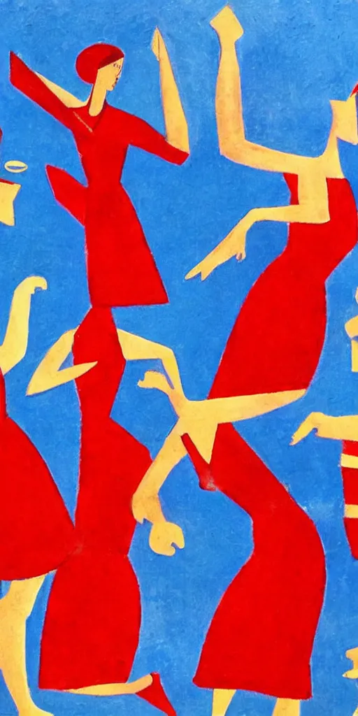 Image similar to A group of girls in red dresses were dancing beneath a cluster of collapsing tall buildings, and a strong light shone from the blue sky, Fortunato Depero painting style.