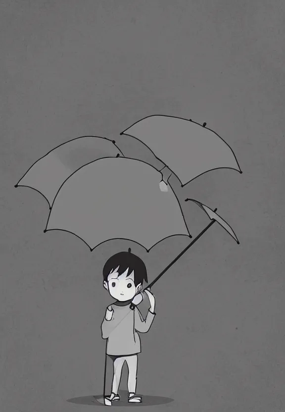 Image similar to little boy standing, holding umbrella in front of playground, at night, full moon, cute anime style, black and white artwork,