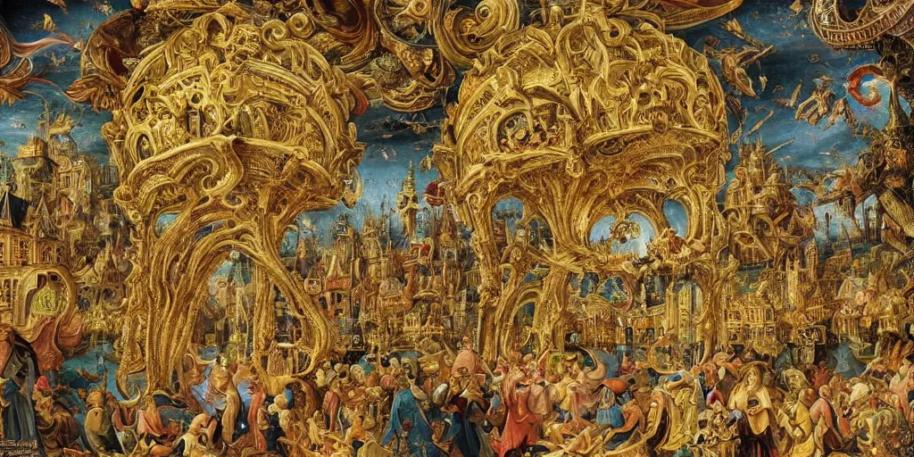 Image similar to beautiful!!!!! ornate heavenly!!!!!!!! gold rococo megastructure in the style of heironymus bosch, colorful intricate masterpiece, hyper detailed, hd