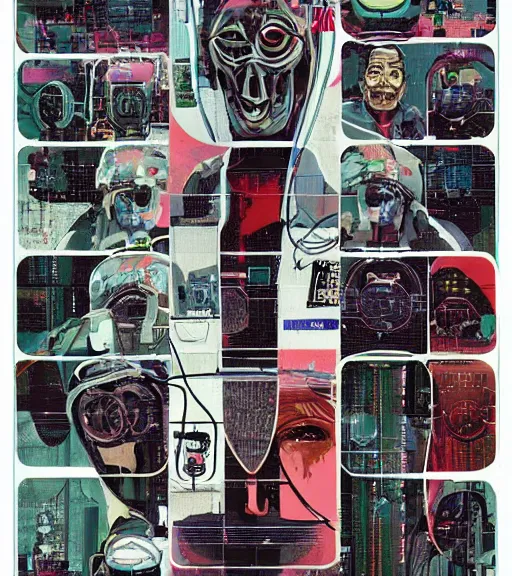 Image similar to a cyberpunk man with a patchwork face of various people, techwear, Industrial Scifi, detailed illustration, character portrait, by Martin Grip and Moebius