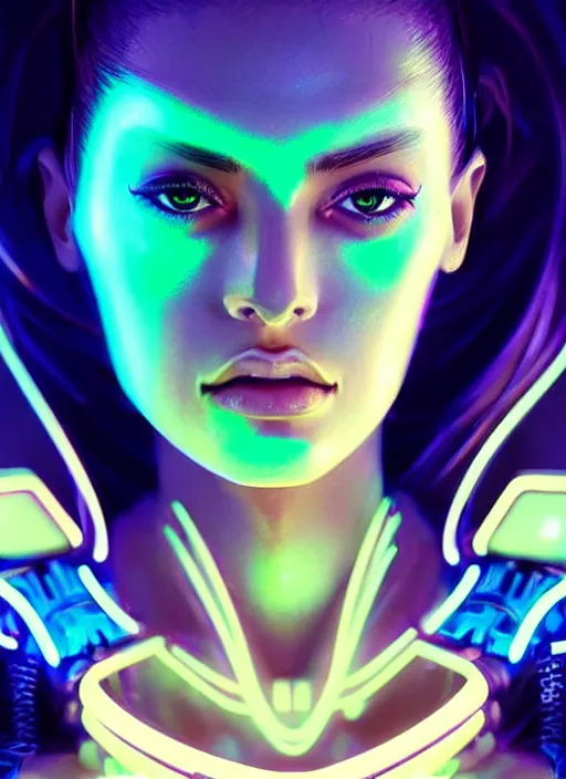 Image similar to a hispanic female humanoid, cyber neon lighting, futurism, cyberpunk high fashion, glamor profile pose, hyper photorealistic, intricate futuristic jewelry, crispy quality, digital photography, trending in artstation, trending in pinterest, cinematic, 4 k ultra hd, art by pascal blanche, art by artgerm, art by greg rutkowski,