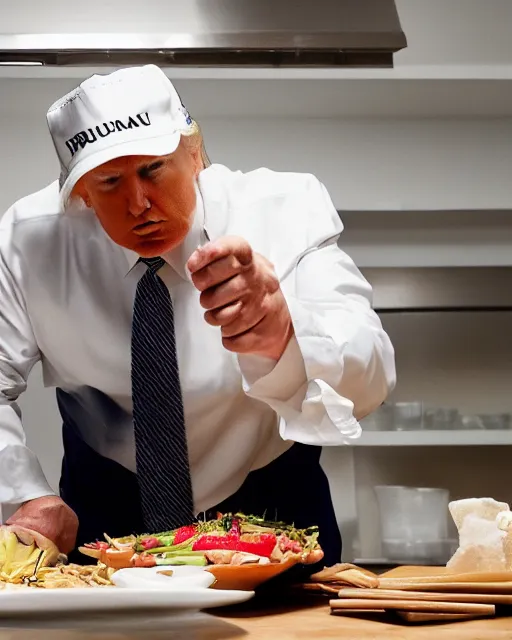 Image similar to wide shot photoshoot of donald trump preparing a meal, 8 k, photorealistic