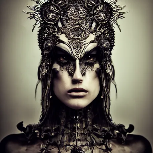 Image similar to a female model by stefan geselle and nekro borja, photorealistic, biomechanical, intricate details, hyper realistic, ornate headpiece, dark beauty, photorealistic, canon r 3, photography, wide shot, photography, dark beauty, symmetrical features