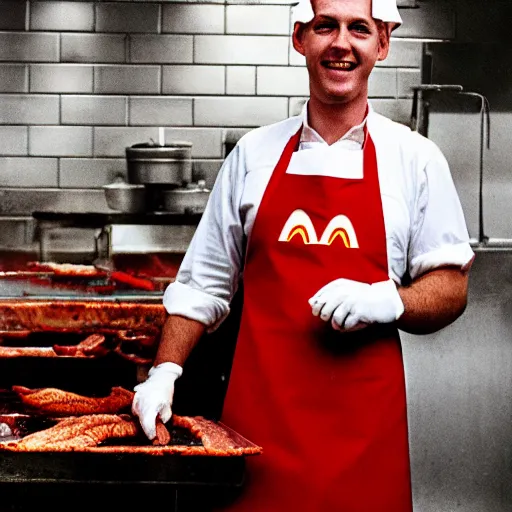 Image similar to ronald mc donald in a slaughterhouse wearing apron.